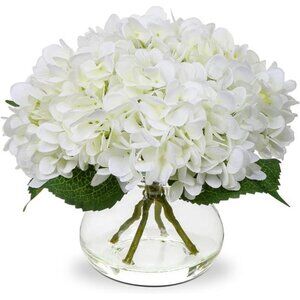 Hydrangea Artificial Flowers with Vase White Silk Fake Flowers Arrangements